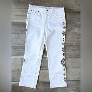 NWT Cactus + Pearl White Jeans Straight Leg Aztec Embroidered Sides Size XL